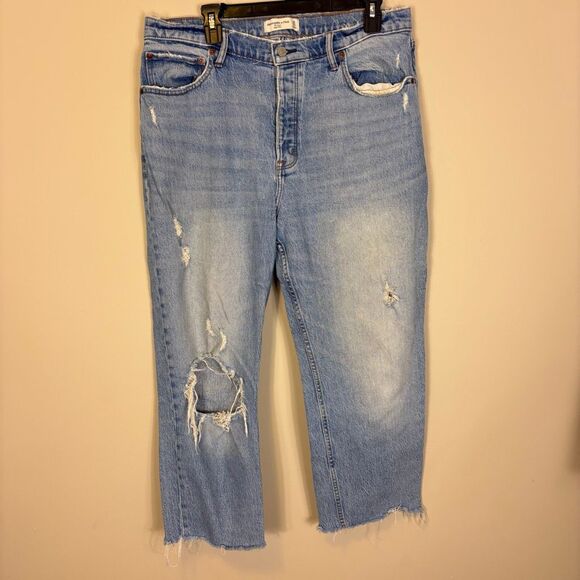 Abercrombie & Fitch The Dad High Rise Distressed Knee Raw Hem Jeans 14 - Picture 1 of 7